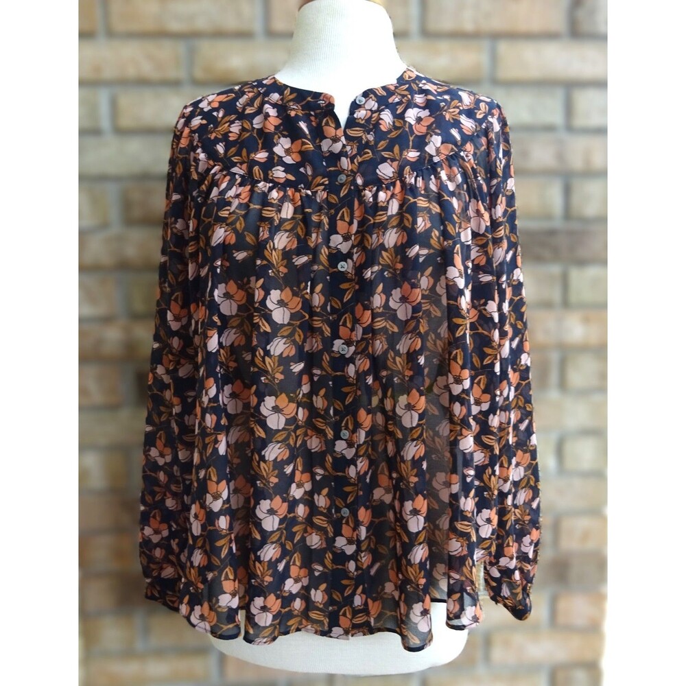 LOFT Black Brown Floral Sheer Long Sleeve Blouse - Size S